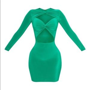 PLUS Pretty Little Thing Shape Green Slinky Cut Out Long Sleeve Bodycon Dress